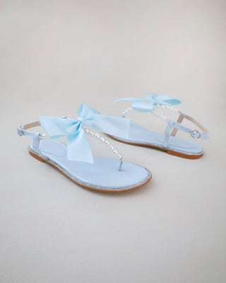 T-Strap Pearls Wedding Flat Sandals with Oversized Bow