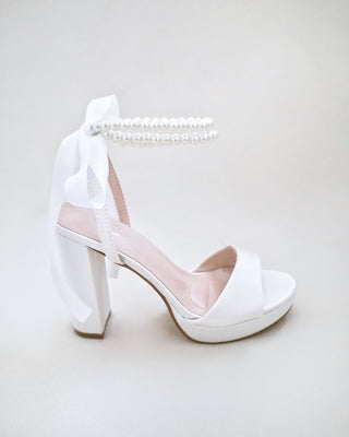 ivory satin platform wedding heels with double pearls ankle strapivory satin platform wedding heels sandals with double pearls ankle strap