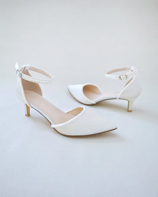 Ivory Satin Pointy Toe Low Heels with Mini Pearls