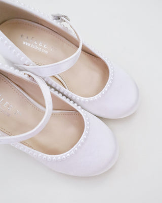 Girls Satin Mary Jane Block Heel with Mini Pearls