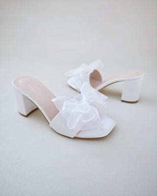Satin Block Heels Wedding Slide Sandals with Layered Organza Bow