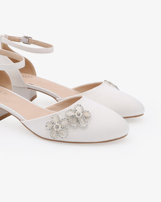 White Round Toe Satin Low Block Heel with Rhinestones Chassia Flower