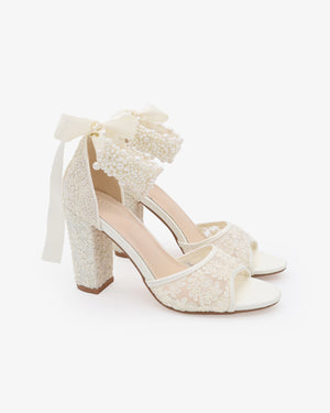 Crochet Lace Block Heel Sandals with Perla Ankle Strap