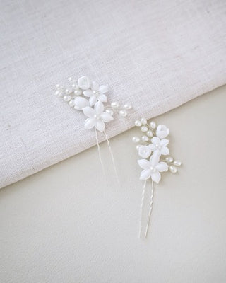 ivory flower clay with pearls hair pin set of two