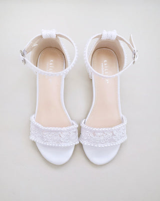white crochet lace block heel sandals with mini pearls