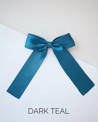 dark teal satin long tail hair bow for girls