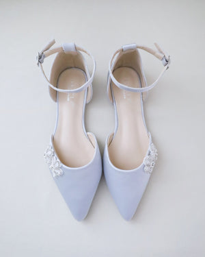 Satin Pointy Toe Evening Flats with Rhinestones Chassia Flower