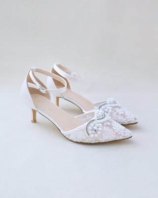 white crochet lace wedding low heel with pearls