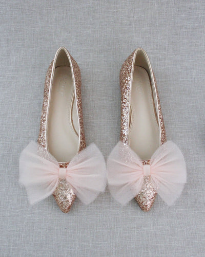 Rose Gold Evening Pointy Toe Glitter Flats with Oversized Tulle Bow