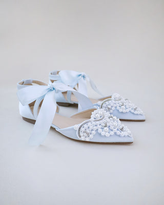 Satin Pointy Toe Flats with Oversized Pearls Applique