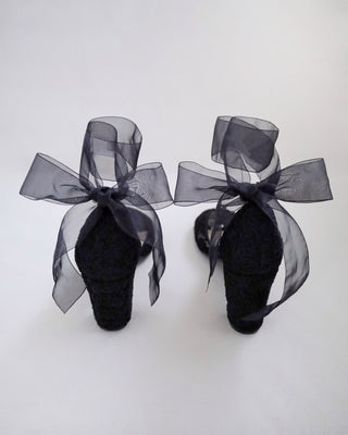 Black Crochet Lace Block Heel Evening Sandals with Wrapped Ribbon TieWomen Shoes
