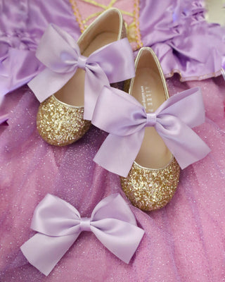Gold Rock Glitter Mary Jane with Lavender Satin Bow