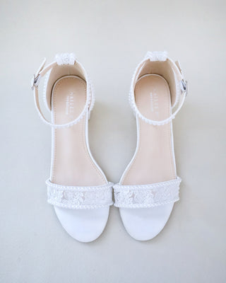 White Crochet Lace Block Heel Wedding Sandals with Mini Pearls
