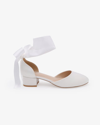 White Round Toe Satin Low Block Heel with Wrapped Ribbon Tie