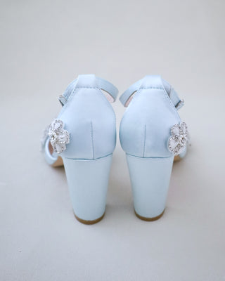 Satin Wedding Block Heel with Rhinestones Chassia Flower