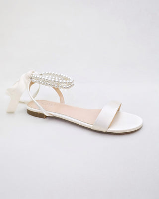 Ivory Satin Wedding Flat Sandal with Double Pearls Strap