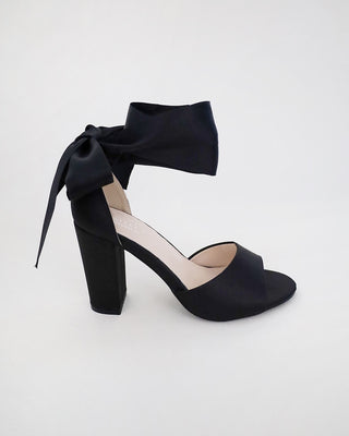 Black Satin Evening Heels Sandals with Wrapped Ribbon Tie