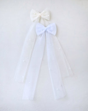 Long Tail Tulle Bow Hair Clip with Scattered Pearls