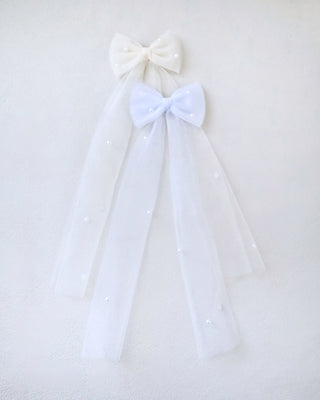 flower girls long tail bow with pearls