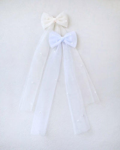 flower girls long tail bow with pearls
