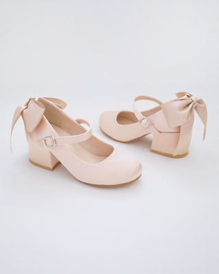 Girls Satin Mary Jane Block Heel with Back Satin Bow