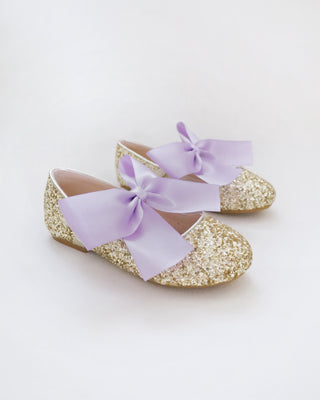 Gold Rock Glitter Mary Jane with Lavender Satin Bow