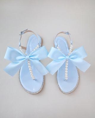T-Strap Pearls Wedding Flat Sandals with Oversized Bow