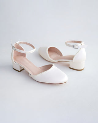 Round Toe Satin Block Heel with Mini Pearls
