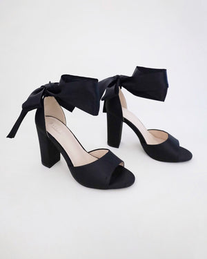 Satin Block Heel Evening Sandals with Wrapped Ribbon Tie