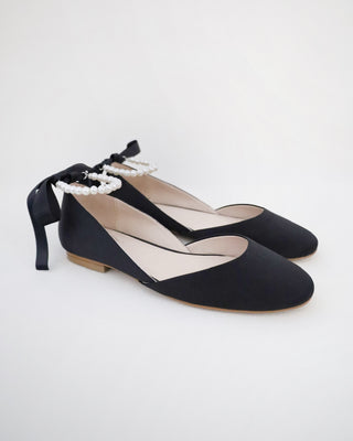 Black Satin Round Toe Evening Flat with All Pearl Ankle Strap