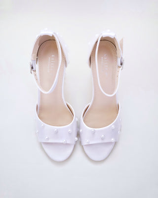 Satin Block Heel Wedding Sandals with Scattered Pearls