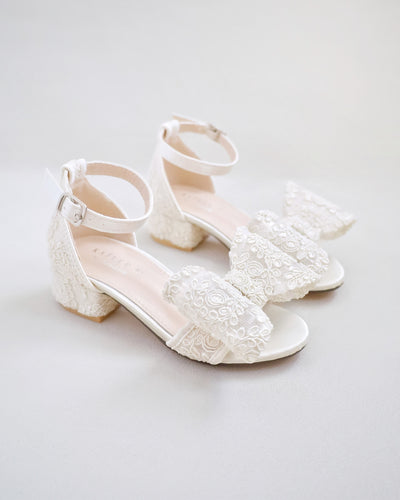 Ivory Crochet Lace Low Block Heel Girls Sandals with Lace Bow