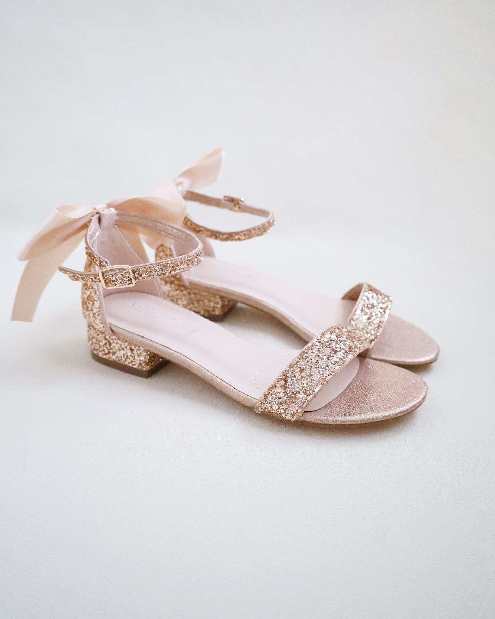 Rose Gold Rock Glitter Low Block Heel Wedding Sandals with Satin Bow