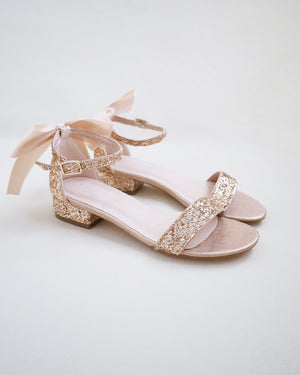 Rock Glitter Low Block Heel Wedding Sandals with Back Satin Bow