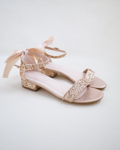 Rose Gold Glitter Low Heel Wedding Sandals with Satin Back Bow