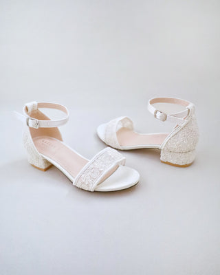 Ivory crochet lace low block heels girls sandals
