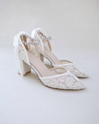 ivory lace wedding block heels with rhinestones strap