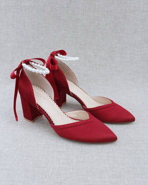 Satin Evening Block Heel with All Pearl Ankle Strap