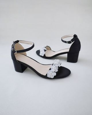 Satin Evening Block Heel Sandals with Rhinestones Chassia Flower