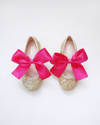 Gold Rock Glitter Mary Jane Flats with Fuchsia Satin Bow