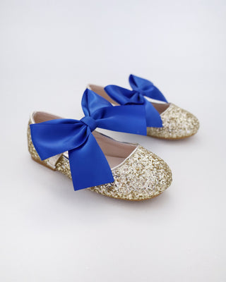 Gold Rock Glitter Mary Jane with Red or Royal Blue Satin BowKids Shoes