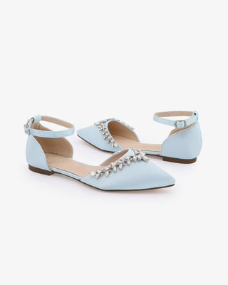 Light Blue Satin Pointy Toe Flats Wedding Shoes with Starlet Rhinestones Embellishments