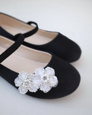Satin Mary Jane Flats with Rhinestones Chassia Flower