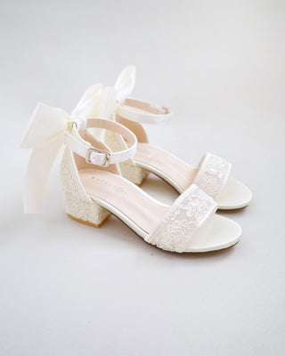 Ivory Crochet Lace Low Block Heel Flower Girls Sandals with Satin Bow