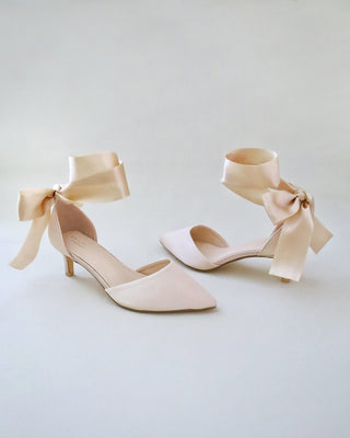 Satin Pointy Toe Low Heels with Wrapped Ankle Tie