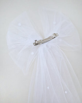 Long Oversized Tulle Bow Hair Barrette with Scattered Pearls
