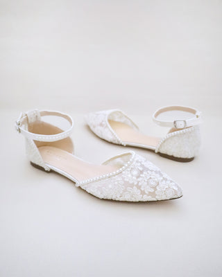Crochet Lace Pointy Toe Flats with Mini Pearls