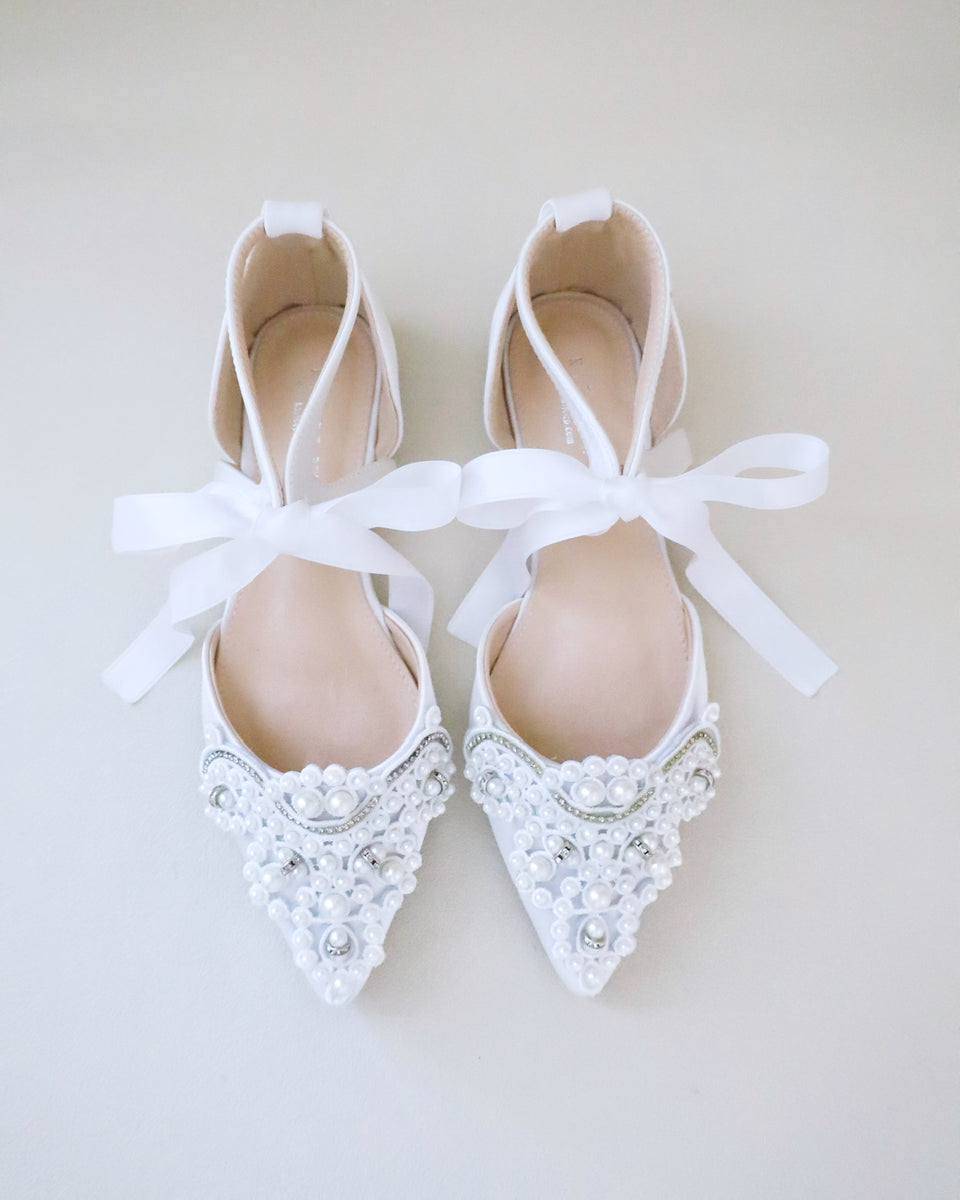 White Satin Pointy Toe Flats with Pearls Applique, Bride Shoes – Kailee ...