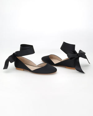 Black Satin Round Toe Evening Flat with Wrapped Ribbon Tie