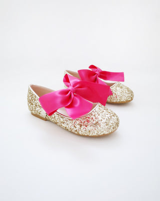 Gold Rock Glitter Mary Jane Flats with Fuchsia Satin Bow